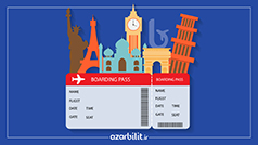 بلیطی با جاذبه‌های جهانی روی آن و علائم عوارض و مالیات پرواز